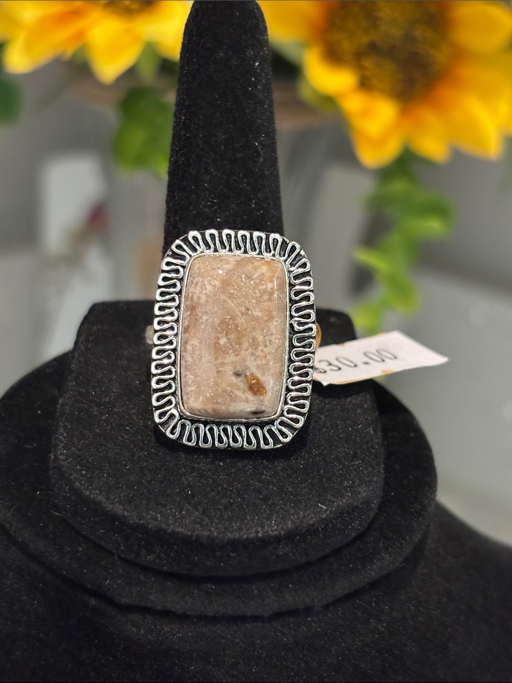Sterling Silver Beige Fossil Coral Gemstone Statement Ring 9